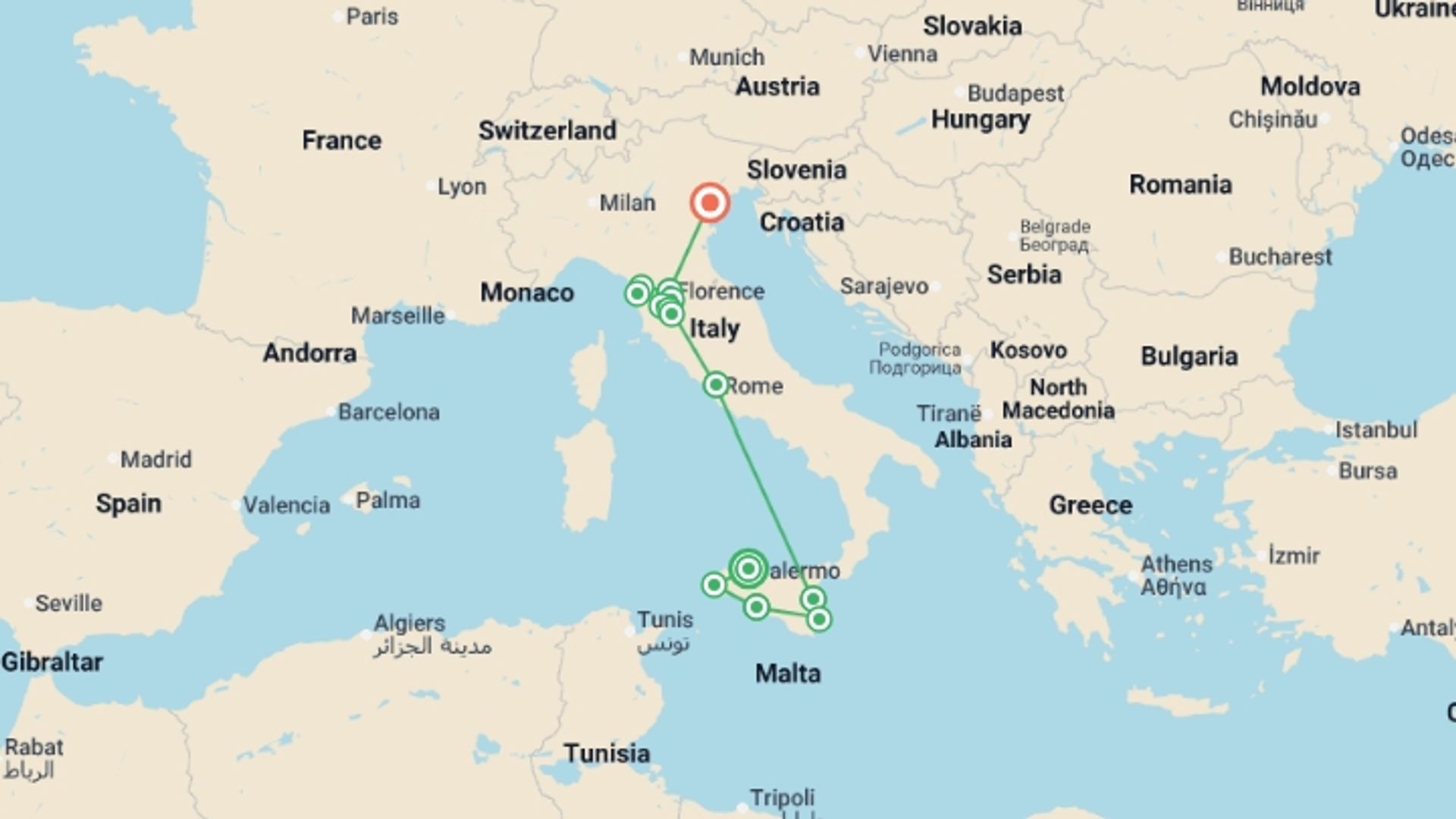 A map showing the tour itinerary for the trip: Premium Sicily and Tuscany, starting in Palermo, Italy and ending in Venice, Italy going through 8 other destinations.