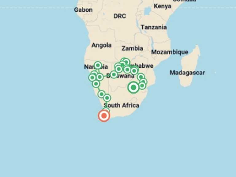 Map of Zimbabwe Wildlife Tour with 21 destination visits for the trip: 25-day Kruger  Victoria Falls to Cape Town Accommodated