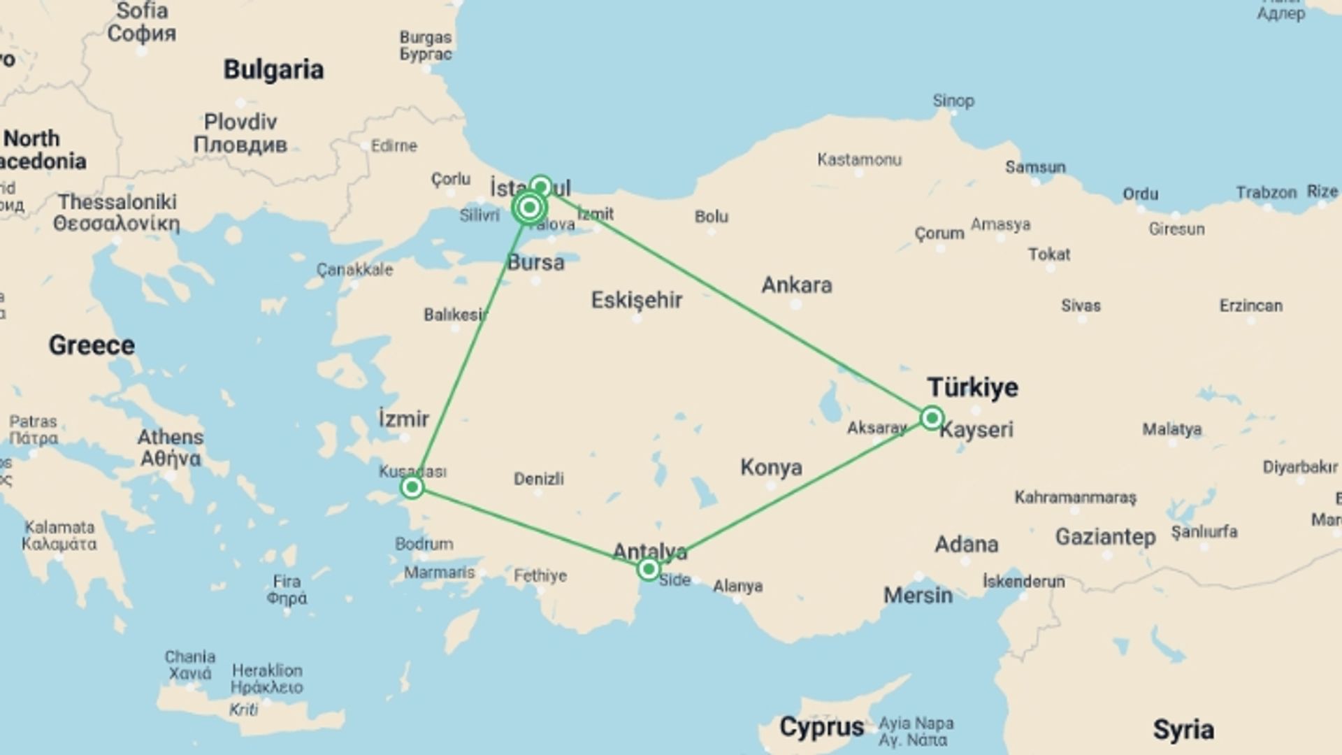 A map showing the tour itinerary for the trip: Turkish Breeze, starting in Istanbul, Turkey and ending in Istanbul, Turkey going through 3 other destinations.