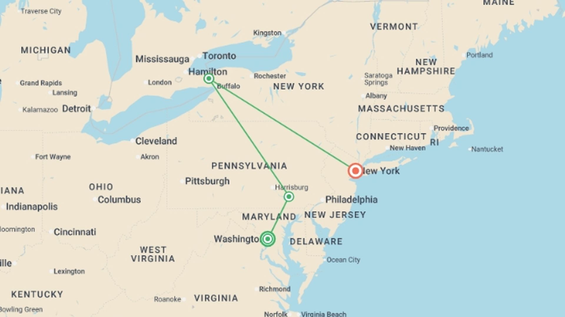 A map showing the tour itinerary for the trip: The Big Apple, Niagara and Washington D.C., starting in Washington D.C., USA and ending in New York, USA going through 2 other destinations.