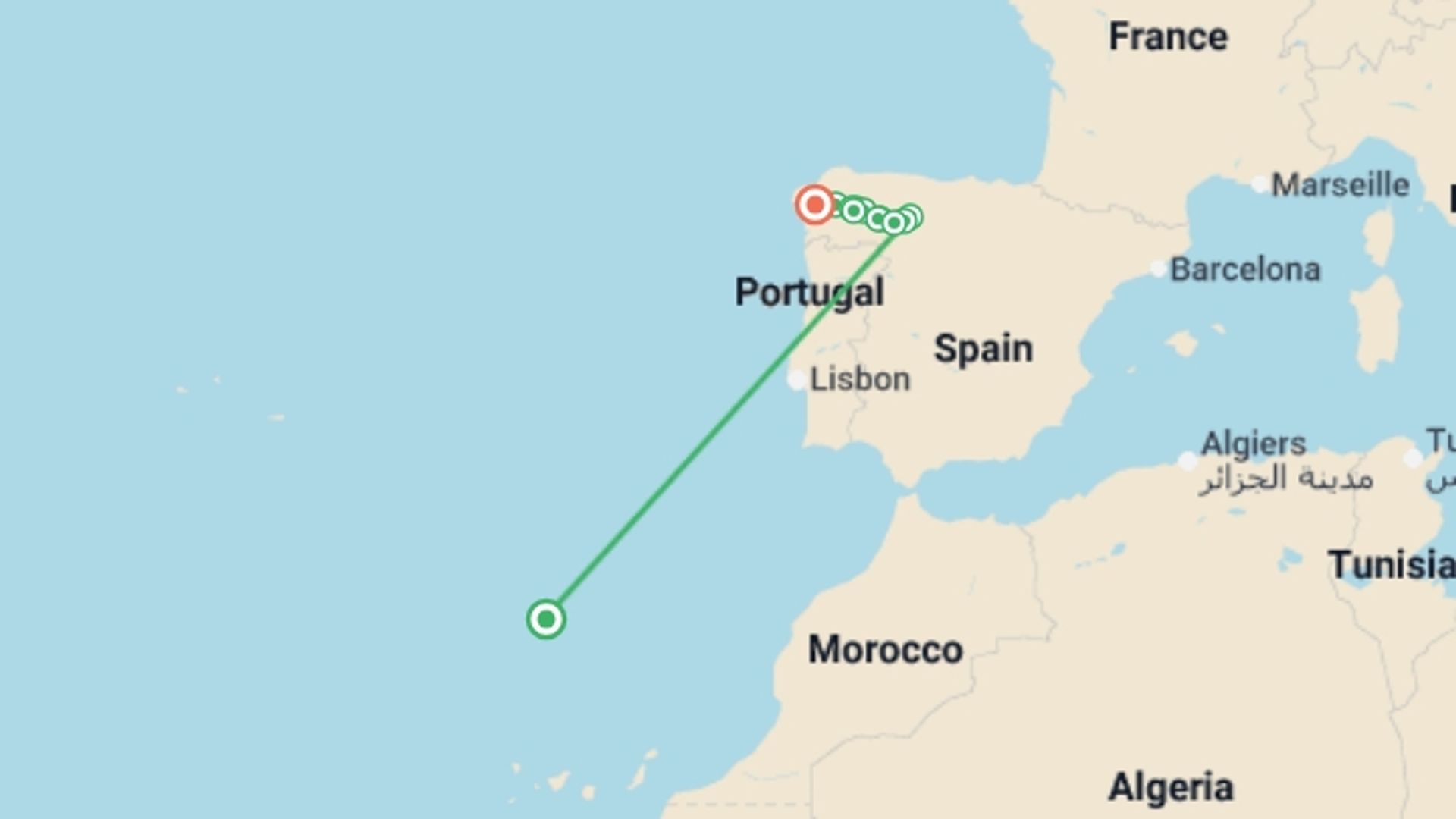 A map showing the tour itinerary for the trip: Premium Walking & Hiking in Madeira, starting in Funchal, Portugal and ending in Santiago De Compostela, Spain going through 6 other destinations.