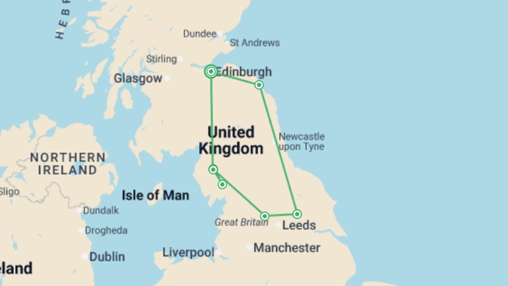 A map showing the tour itinerary for the trip: York, Windermere & Hadrians Wall (Hotel) - 5 days, starting in Edinburgh, Scotland and ending in Edinburgh, Scotland going through 2 other destinations.