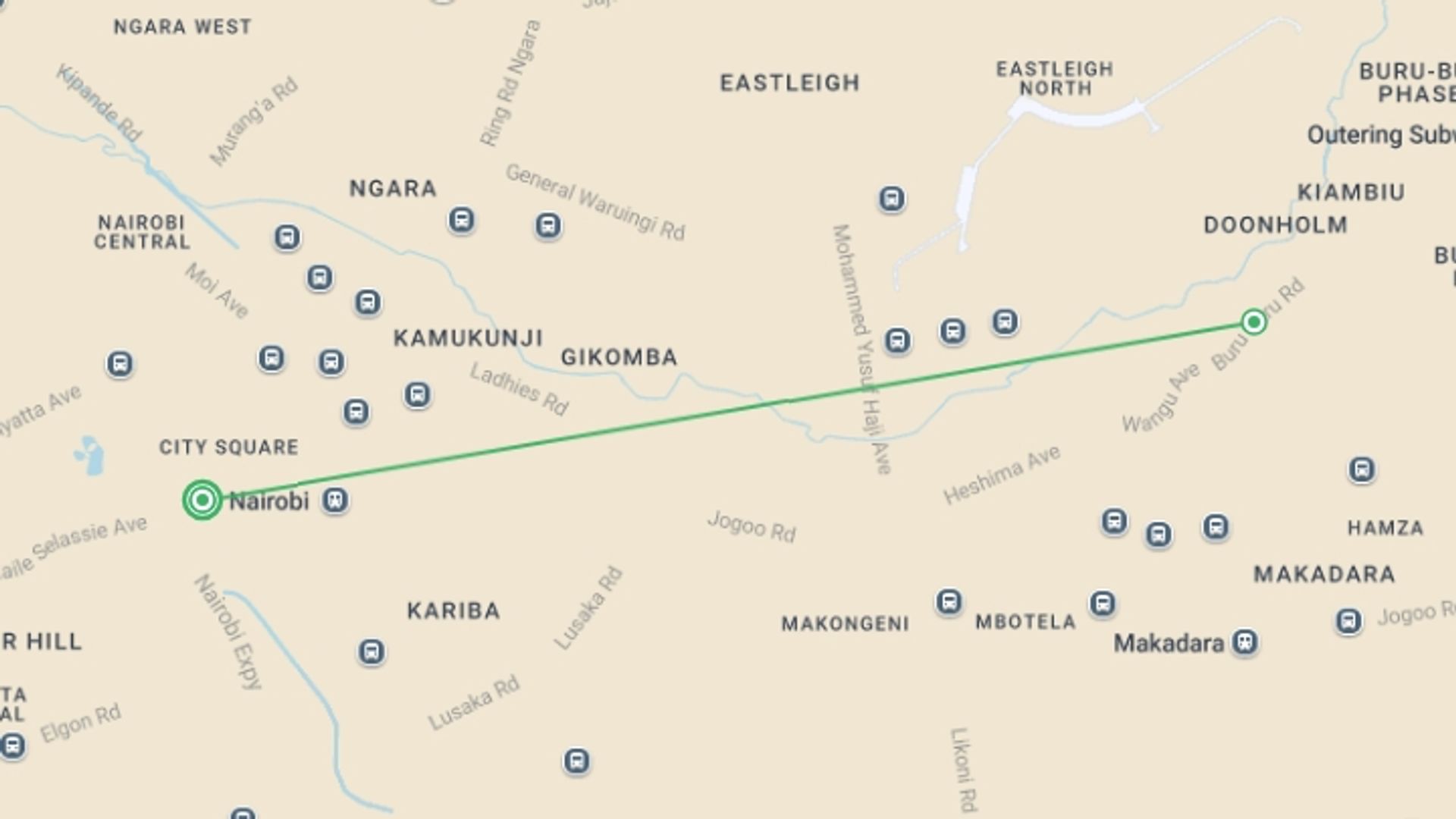 A map showing the tour itinerary for the trip: 3 Days Masai Mara Safari in Kenya, starting in Nairobi, Kenya and ending in Nairobi, Kenya going through 2 other destinations.
