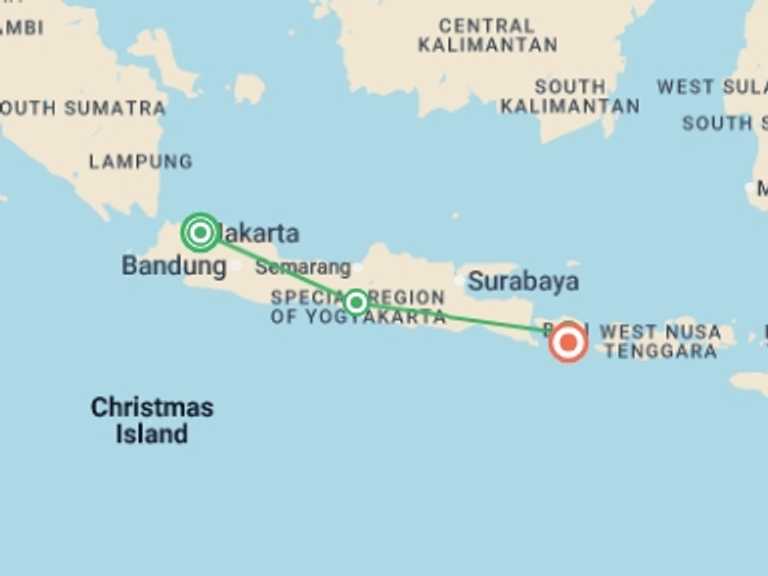 Map itinerary of Asia Tour in December 2026 with 5 destination visits for the trip: Premium Java and Bali