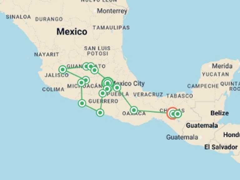 Map of North America Tour with 12 destination visits for the trip: A Bit of All Mexico