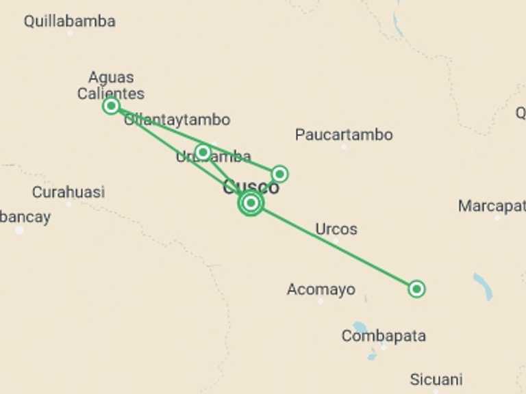 Map itinerary of Peru Tour in July 2027 with 5 destination visits for the trip: Machu Picchu and the Rainbow Mountain 6 days