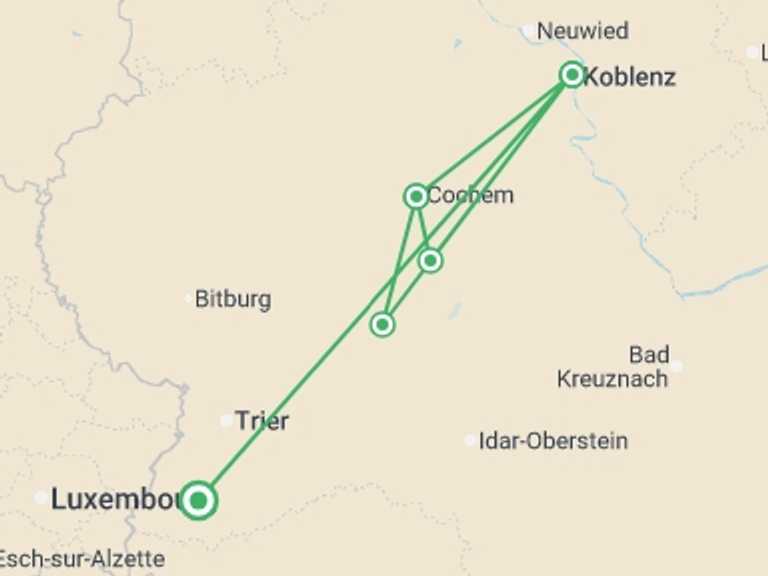 Map of Europe Tour with 5 destination visits for the trip: Moselle Bike & Barge