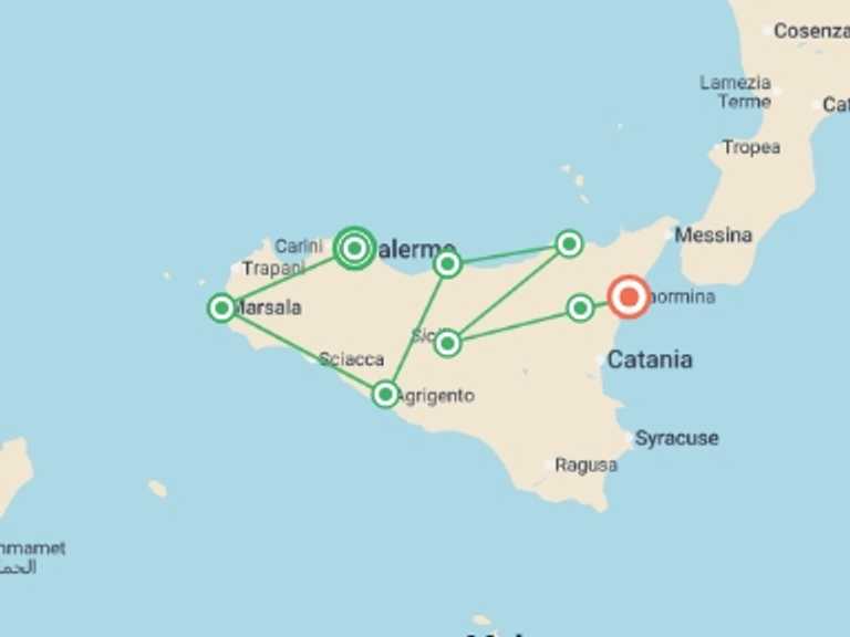 Map of Mediterranean Local culture Tour with 7 destination visits for the trip: Sicily and Its Isles 