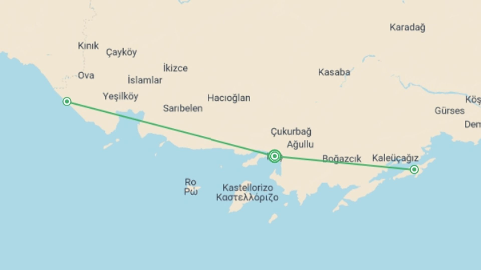 A map showing the tour itinerary for the trip: Walking Turkey's Turquoise Coast, starting in Kas, Turkey and ending in Kas, Turkey going through 2 other destinations.