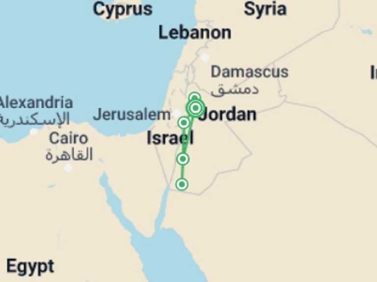Map itinerary of Jordan Tour in June 2026 with 6 destination visits for the trip: A Week in Jordan