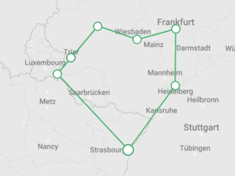Map of Strasbourg Cruise Tour with 7 destination visits for the trip: 5 Different Rivers: The Rhine, Neckar, Main, Moselle, and Saar