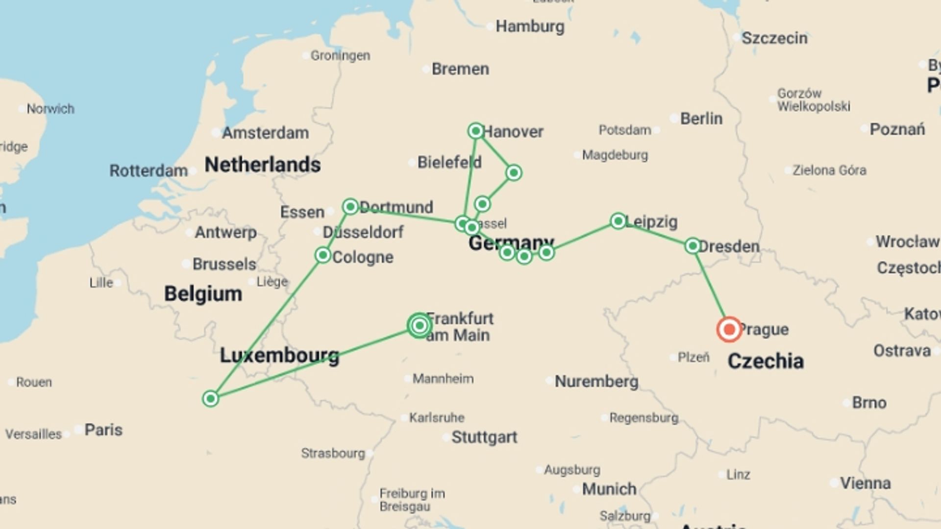 A map showing the tour itinerary for the trip: Tour of the Heart of Germany, Ending in Prague, starting in Frankfurt, Germany and ending in Prague, Czech Republic going through 4 other destinations.