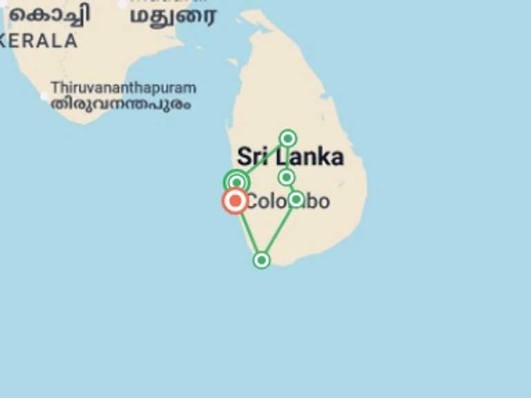Map itinerary of Sri Lanka Tour in April 2027 with 6 destination visits for the trip: Highlights of Sri Lanka 7D/6N