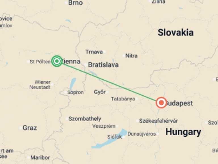 Map of Europe Tour with 2 destination visits for the trip: Vienna and Budapest