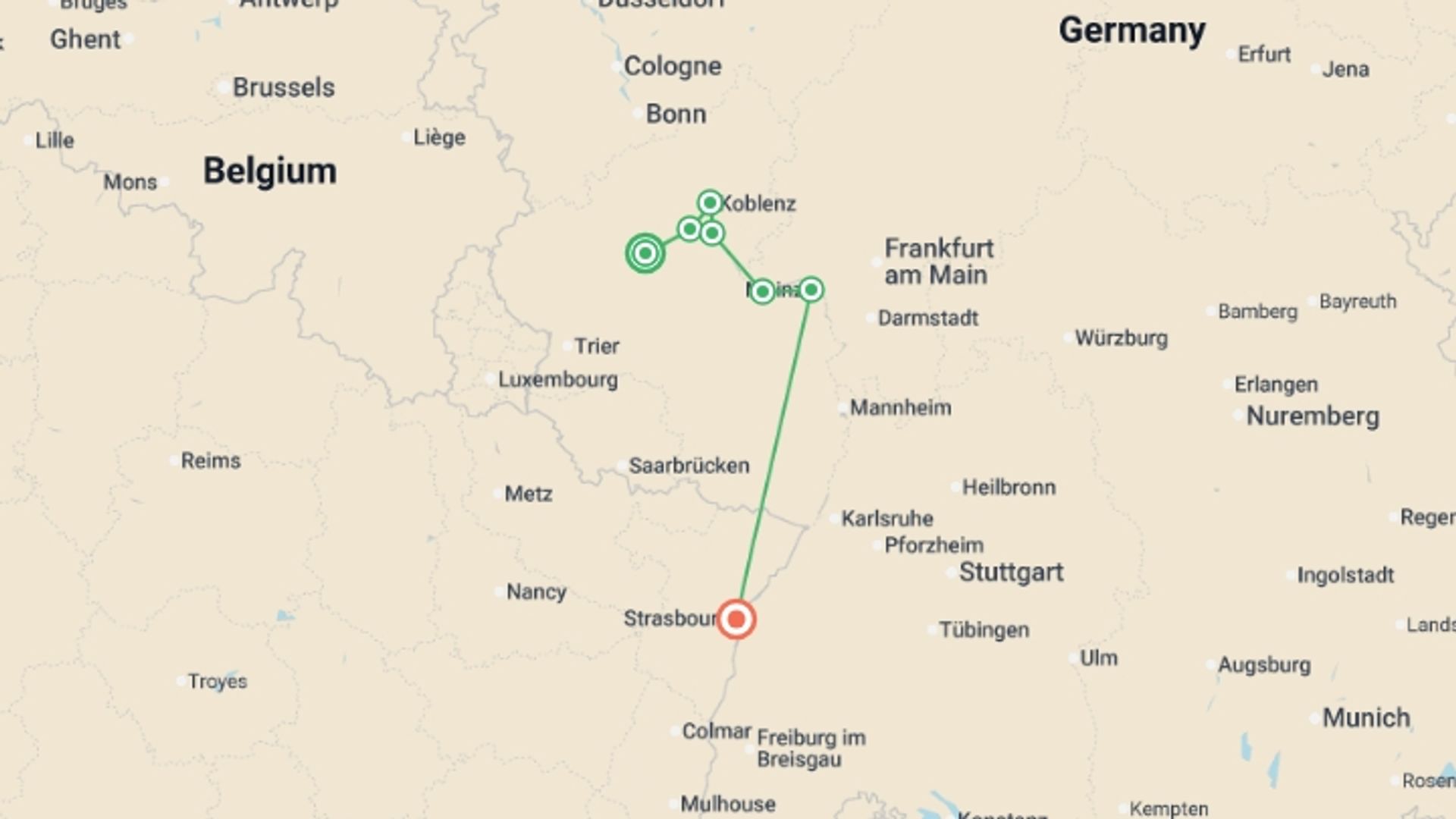 A map showing the tour itinerary for the trip: The Rhine & Moselle (port-to-port cruise), starting in Cochem, Germany and ending in Strasbourg, France going through 3 other destinations.