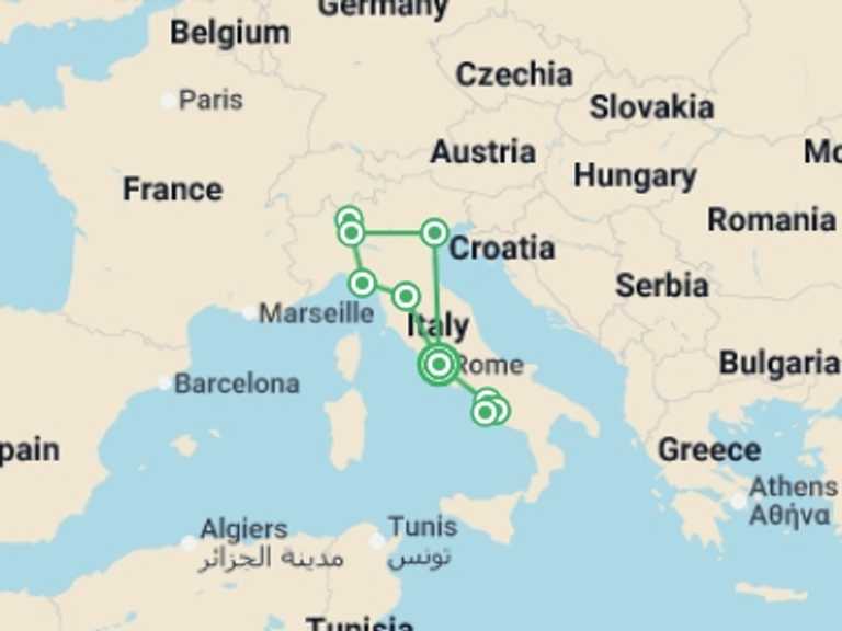 Map of 15-Day Europe Tour with 7 destination visits for the trip: Simply Italy