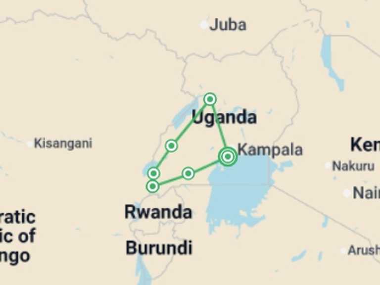 Map of Africa Tour with 8 destination visits for the trip: 10-Day Safari Holiday in Uganda Including Gorilla Trek