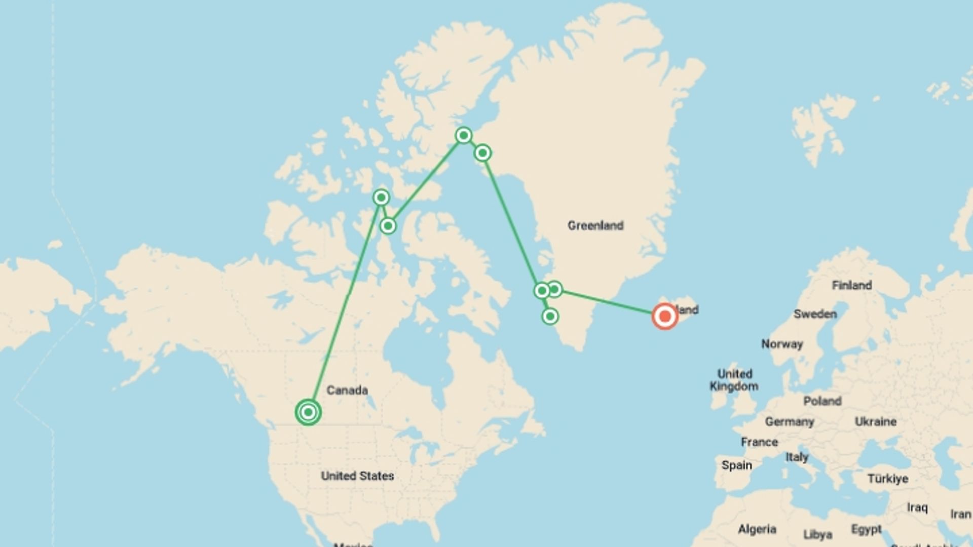 A map showing the tour itinerary for the trip: Northwest Passage: Epic High Arctic, starting in Calgary, Canada and ending in Reykjavik, Iceland going through 7 other destinations.