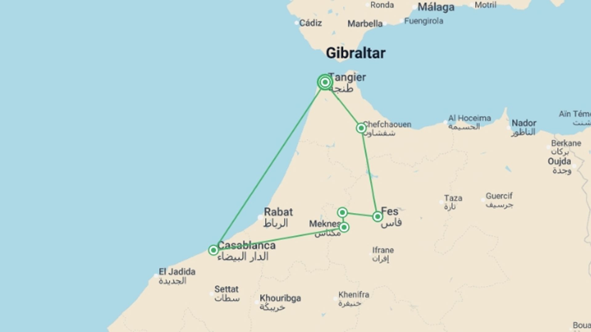 A map showing the tour itinerary for the trip: Northern Morocco Explorer - 7 days, starting in Tangier, Morocco and ending in Tangier, Morocco going through 3 other destinations.