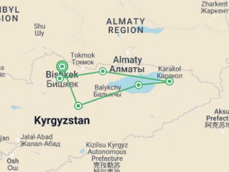 Map itinerary of Bishkek Tour in May 2026 with 6 destination visits for the trip: Kyrgyzstan Walking Explorer