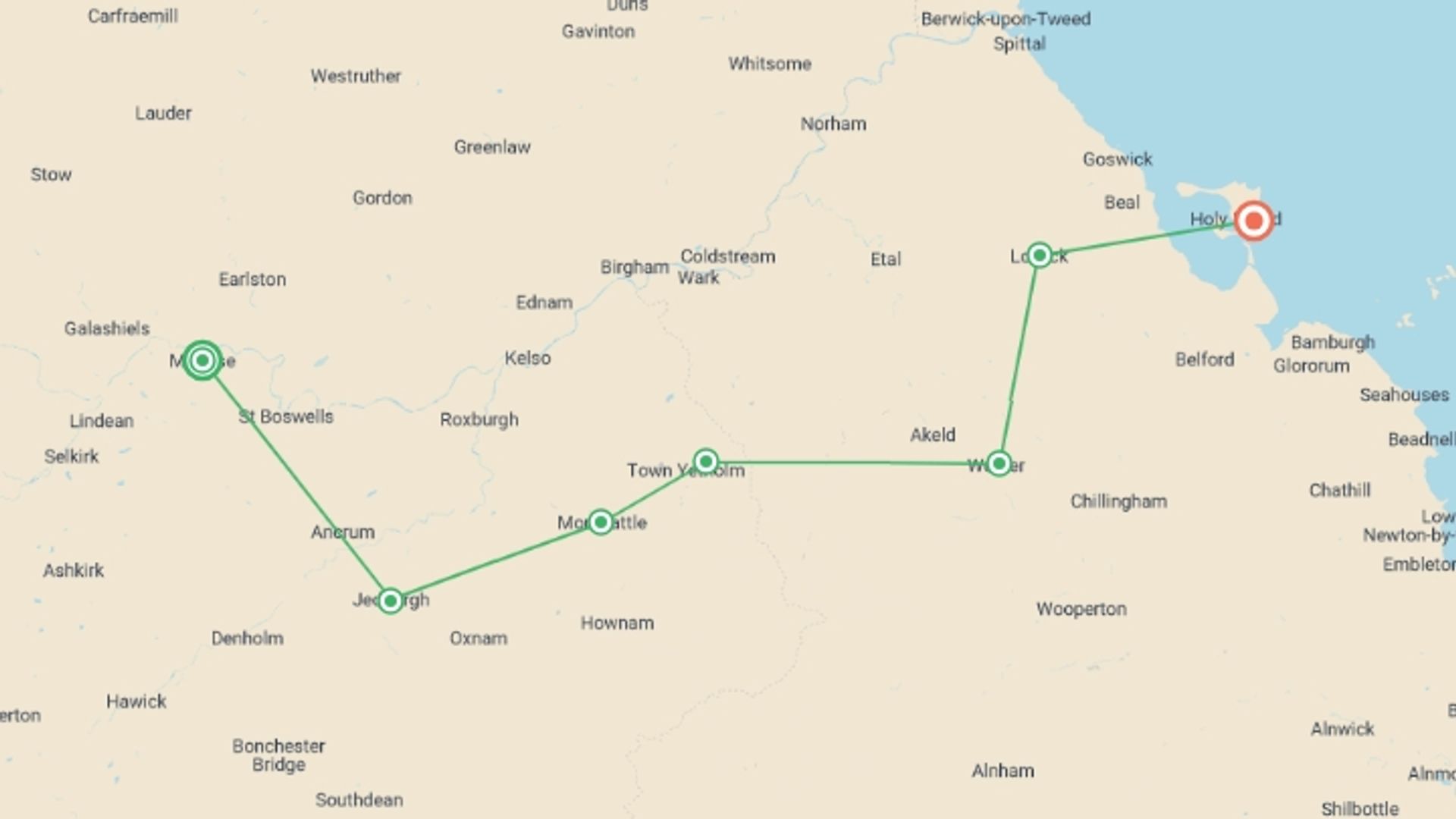 A map showing the tour itinerary for the trip: St Cuthbert's Way - 8 Days, starting in Melrose, Scotland and ending in Lindisfarne, England going through 5 other destinations.
