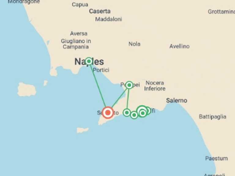 Map of Naples Sightseeing Tour with 6 destination visits for the trip: Classic Amalfi Coast - 11 Days