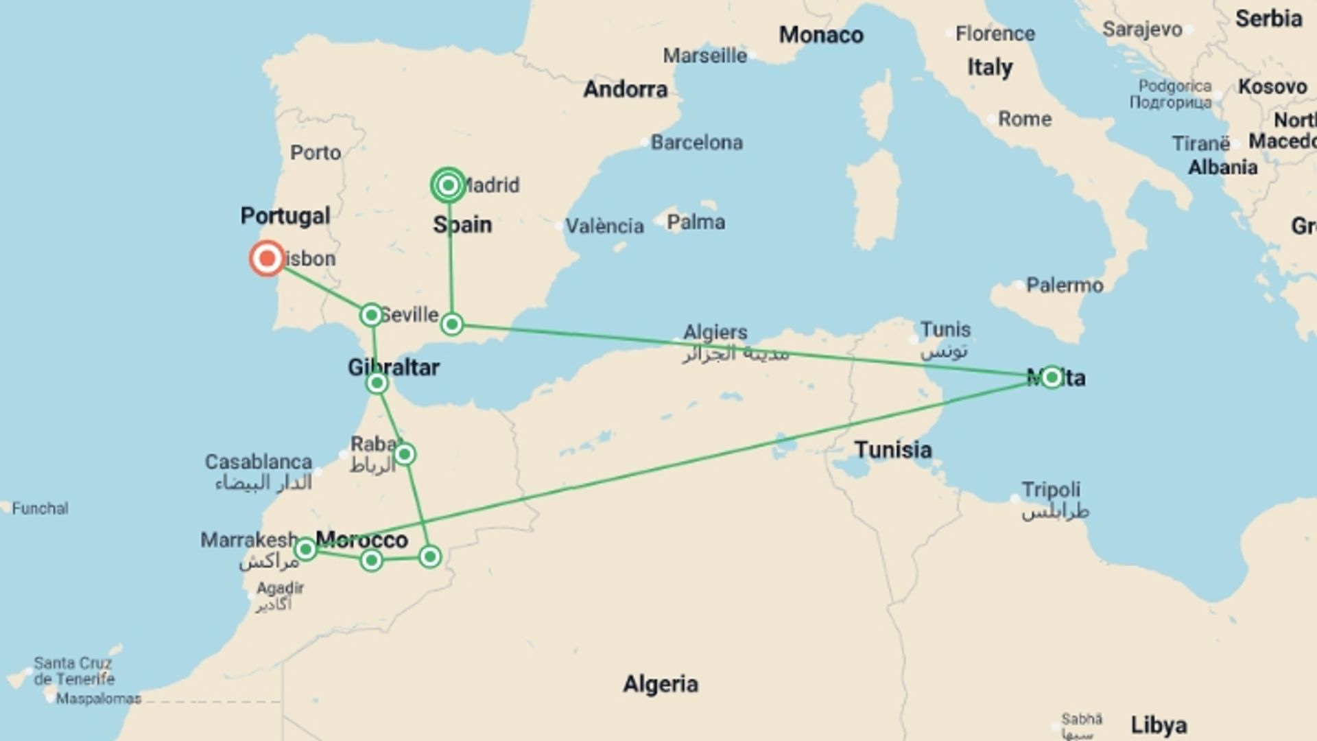 A map showing the tour itinerary for the trip: Madrid, Andalusia, Morocco and Lisbon, starting in Madrid, Spain and ending in Lisbon, Portugal going through 8 other destinations.