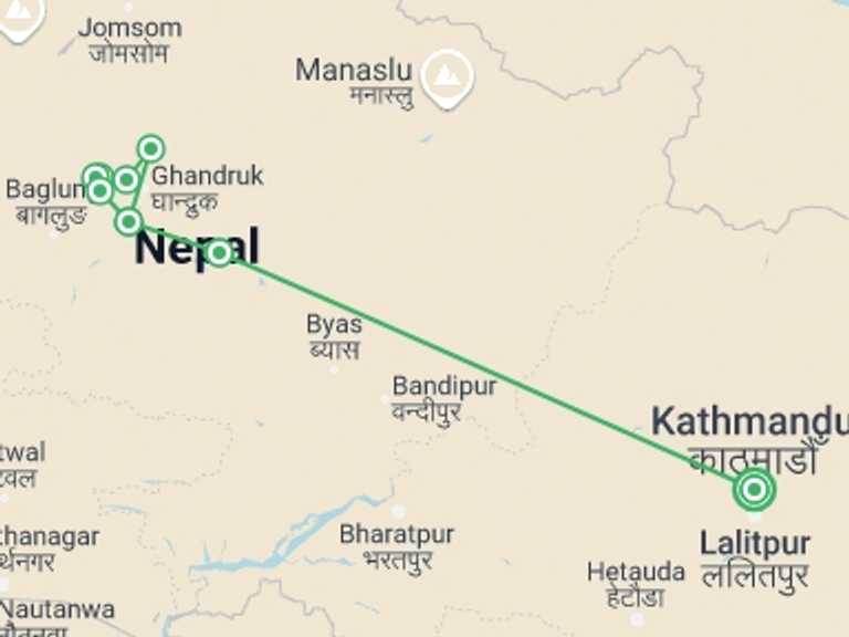 Map itinerary of Nepal Tour in Winter with 7 destination visits for the trip: Ghorepani Poon Hill Trek