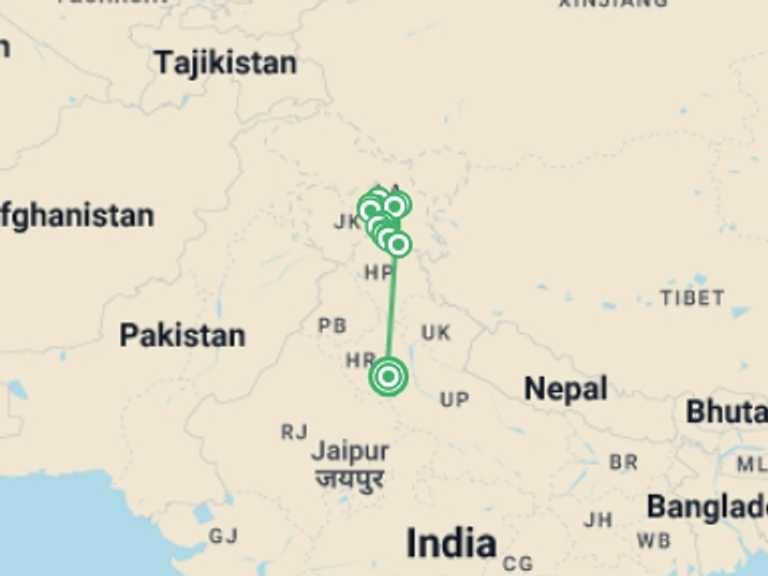 Map itinerary of Asia Tour in June 2026 with 14 destination visits for the trip: Zanskar Wild and Remote