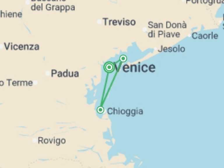 Map itinerary of Venice Tour in July 2026 with 2 destination visits for the trip: Venice, the epicenter of art, and its famous lagoon (port-to-port package)