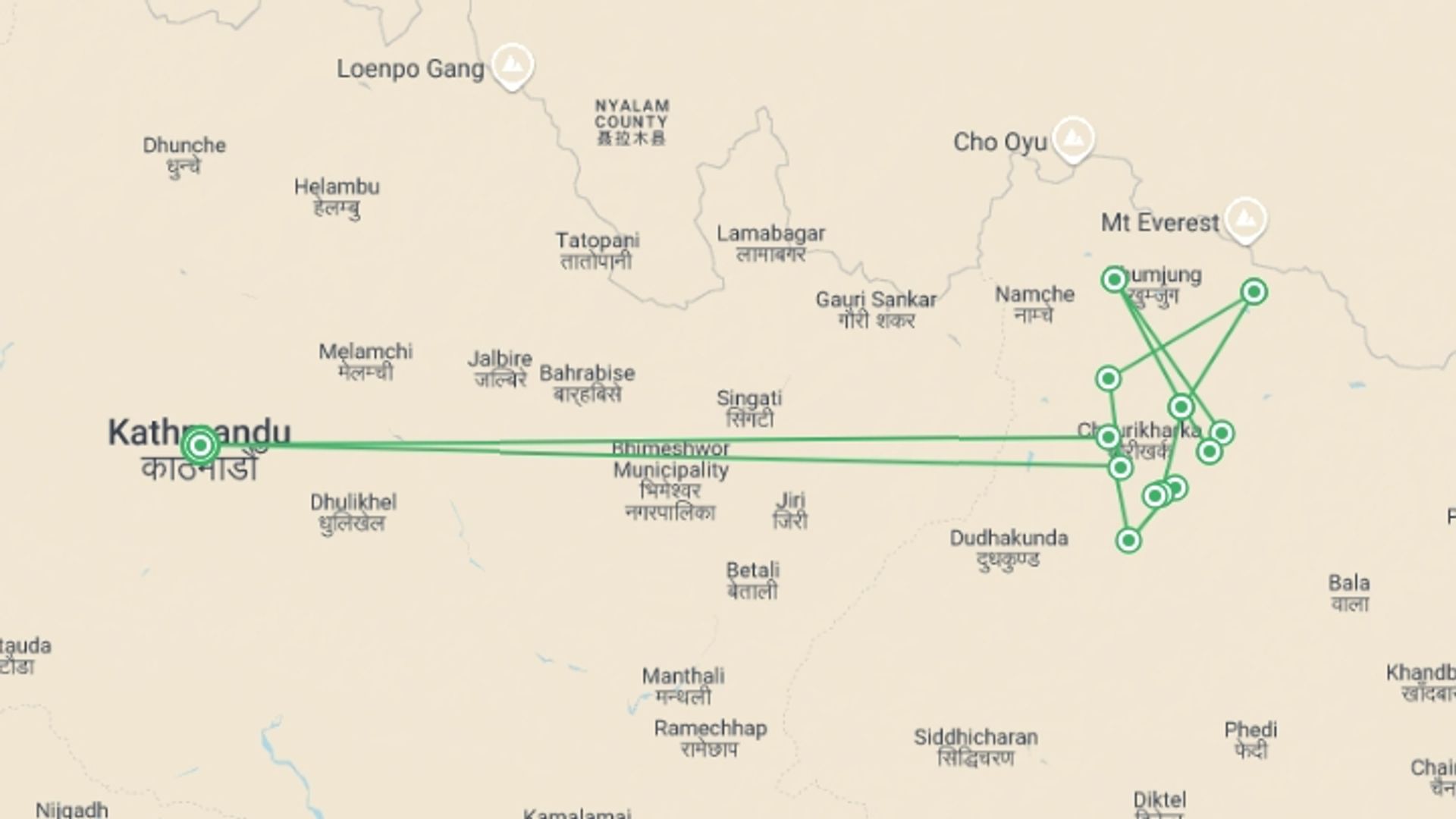A map showing the tour itinerary for the trip: Mera & Island Peak via Amphu Labsta, starting in Kathmandu, Nepal and ending in Kathmandu, Nepal going through 13 other destinations.