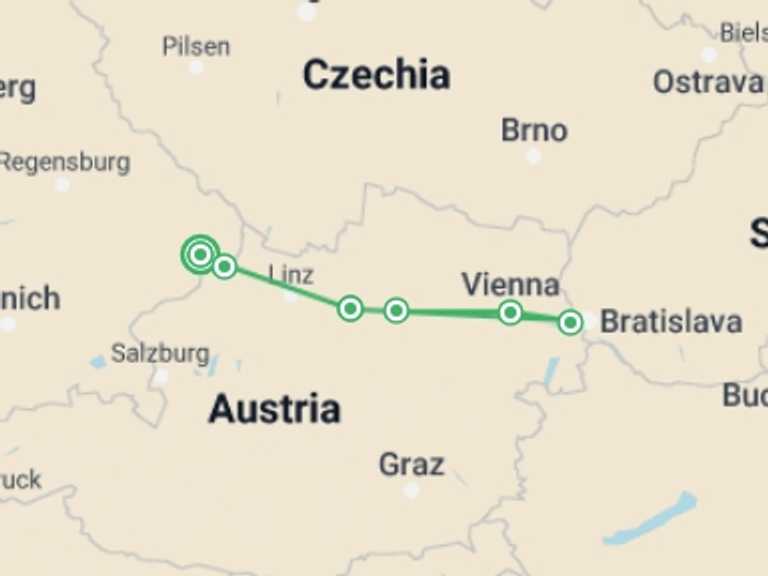 Map itinerary of Vienna Tour in June 2026 with 6 destination visits for the trip: The Danube by Bike & Boat