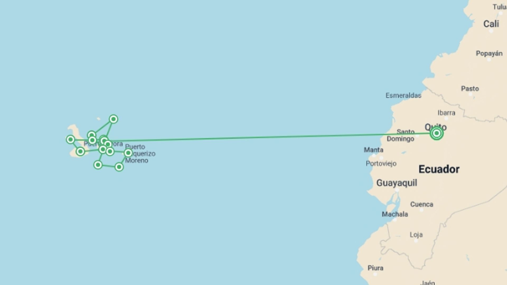 A map showing the tour itinerary for the trip: Complete Galápagos - Eden, starting in Quito, Ecuador and ending in Quito, Ecuador going through 11 other destinations.
