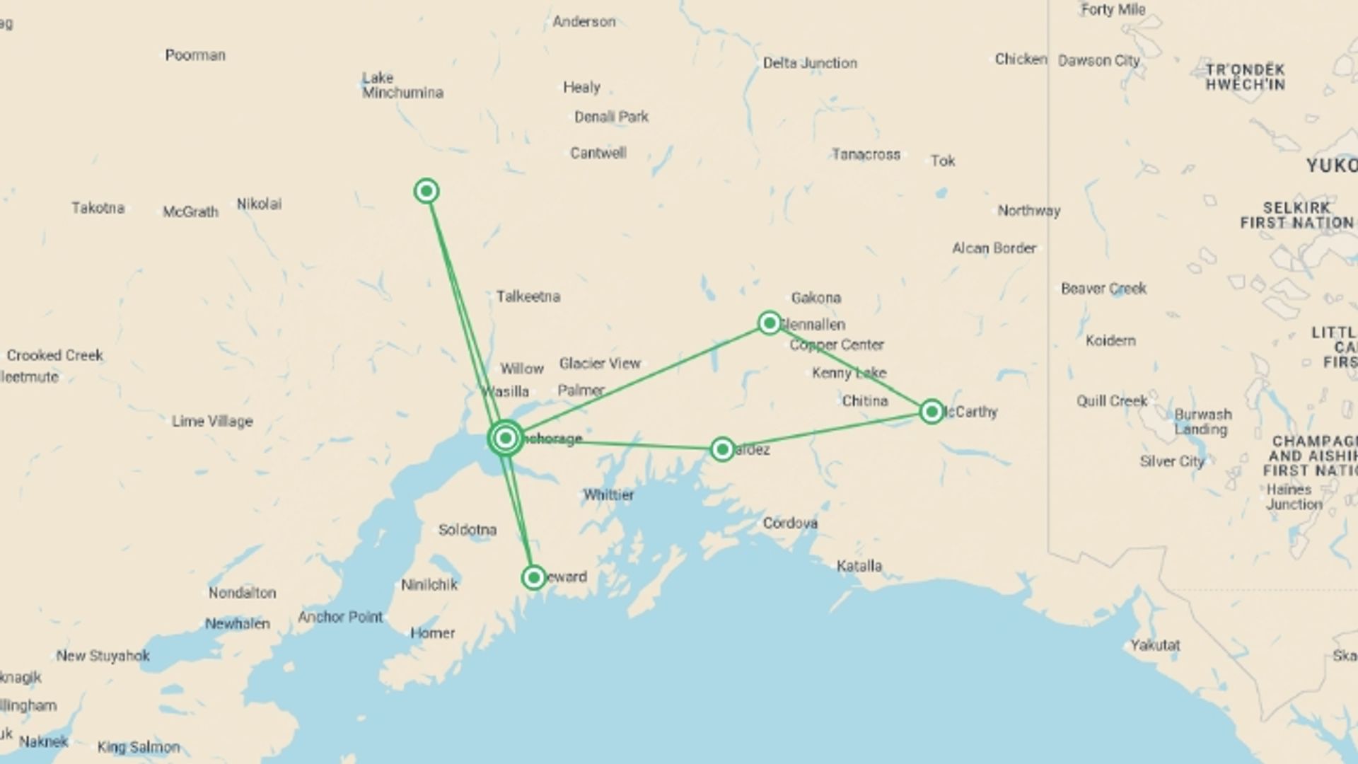 A map showing the tour itinerary for the trip: Ultimate Active Alaska, starting in Anchorage, USA and ending in Anchorage, USA going through 5 other destinations.