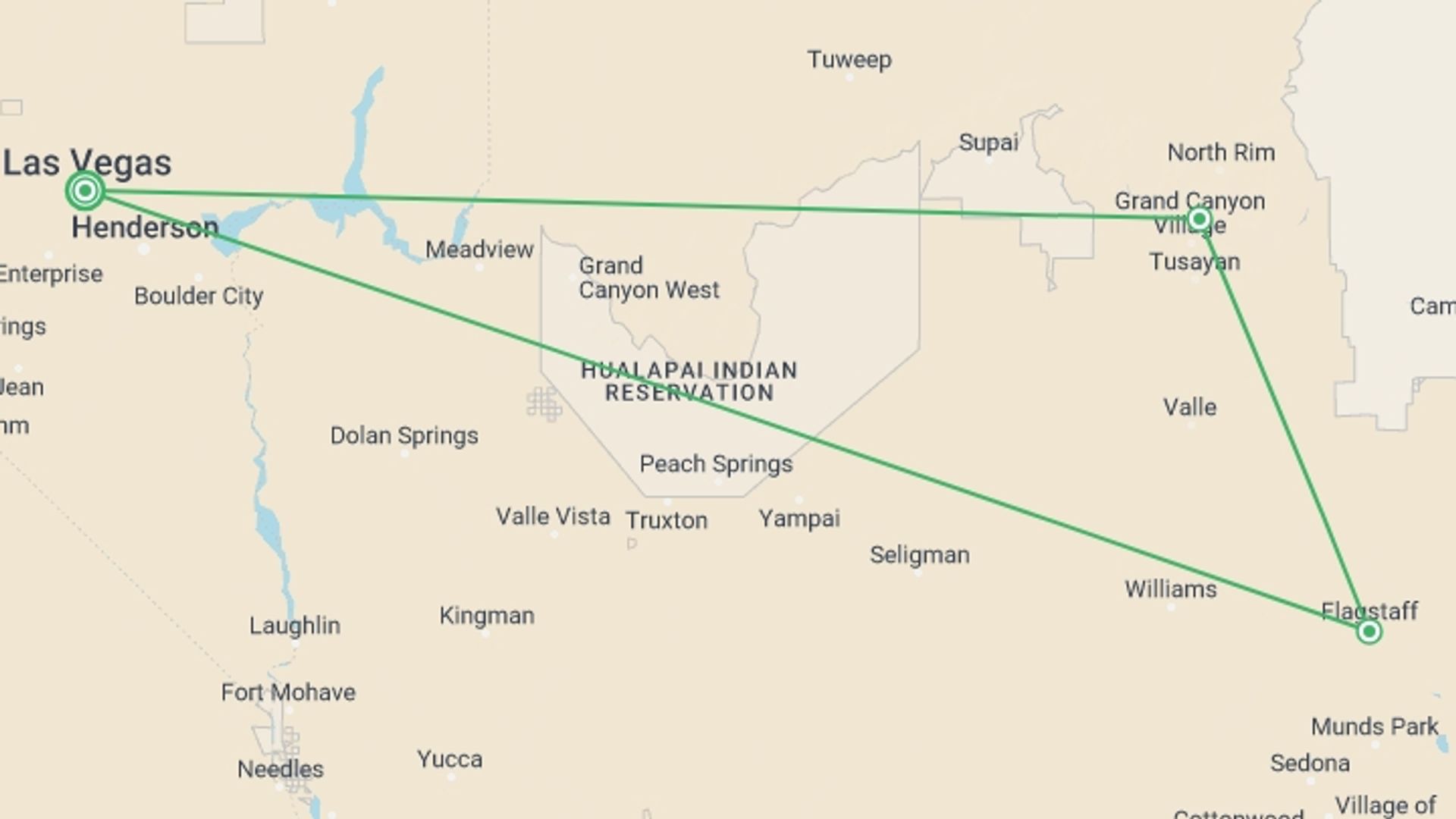 A map showing the tour itinerary for the trip: Grand Canyon Excursion, starting in Las Vegas, USA and ending in Las Vegas, USA going through 1 other destinations.