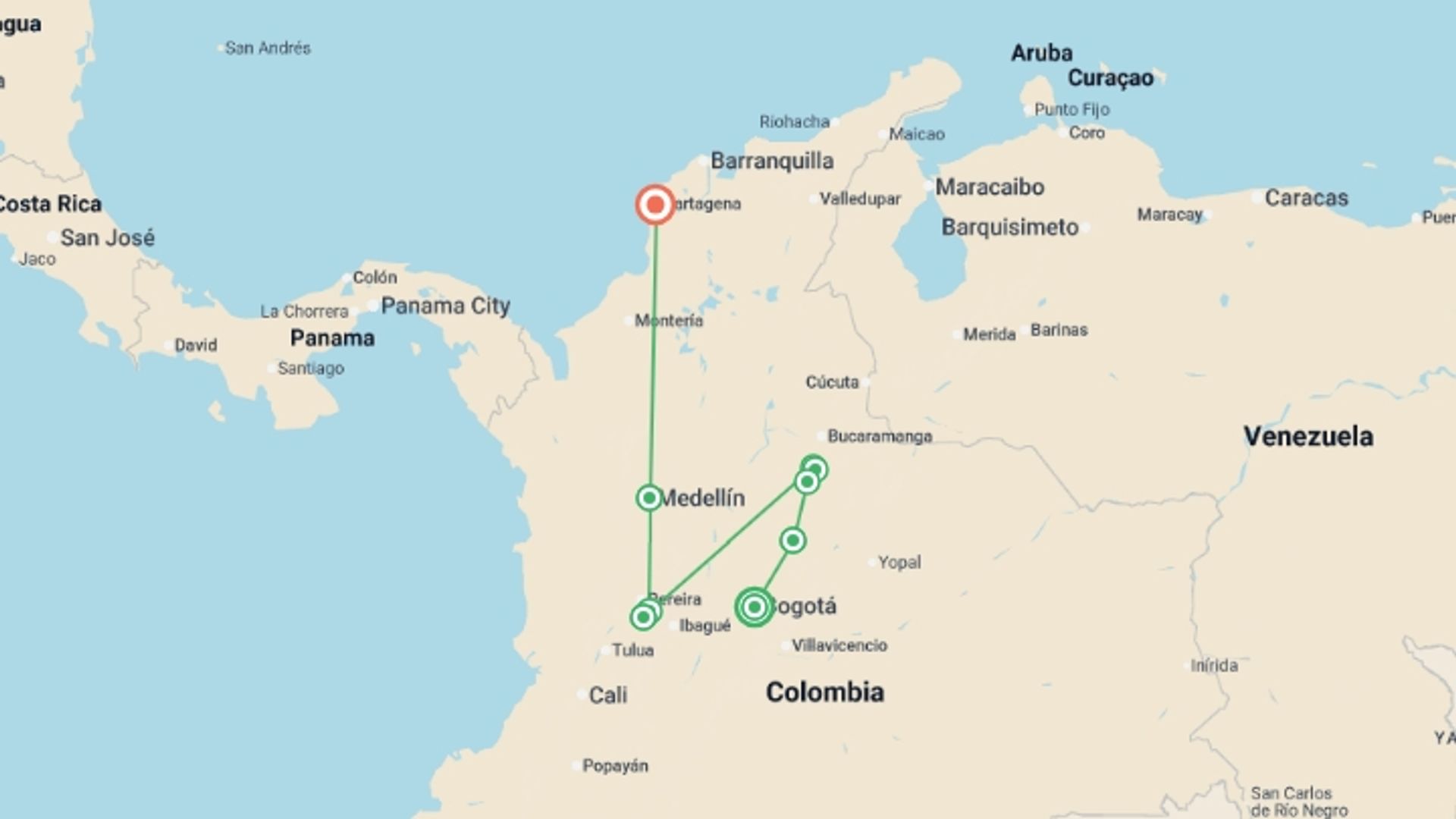 A map showing the tour itinerary for the trip: Contrasts of Colombia, starting in Bogota, Colombia and ending in Cartagena, Colombia going through 6 other destinations.
