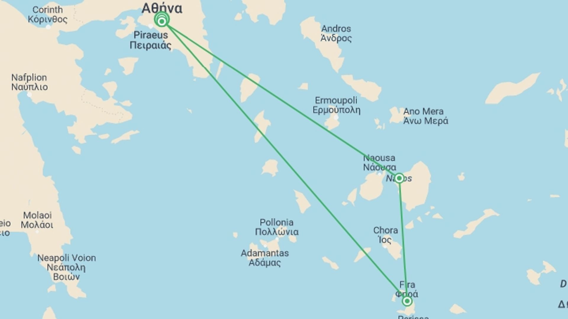 A map showing the tour itinerary for the trip: Discover Athens, Naxos and Santorini, starting in Athens, Greece and ending in Athens, Greece going through 3 other destinations.
