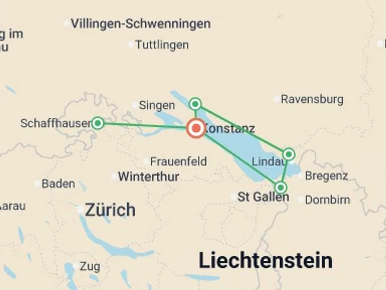 Map of a Adventure Tour with 6 destination visits for the trip: Lake Constance Circuit by Bike