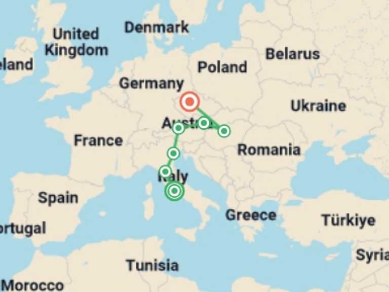 Map of Europe Cultural, religious and historic sites Tour with 7 destination visits for the trip: Classical Italy and Eastern Capitals