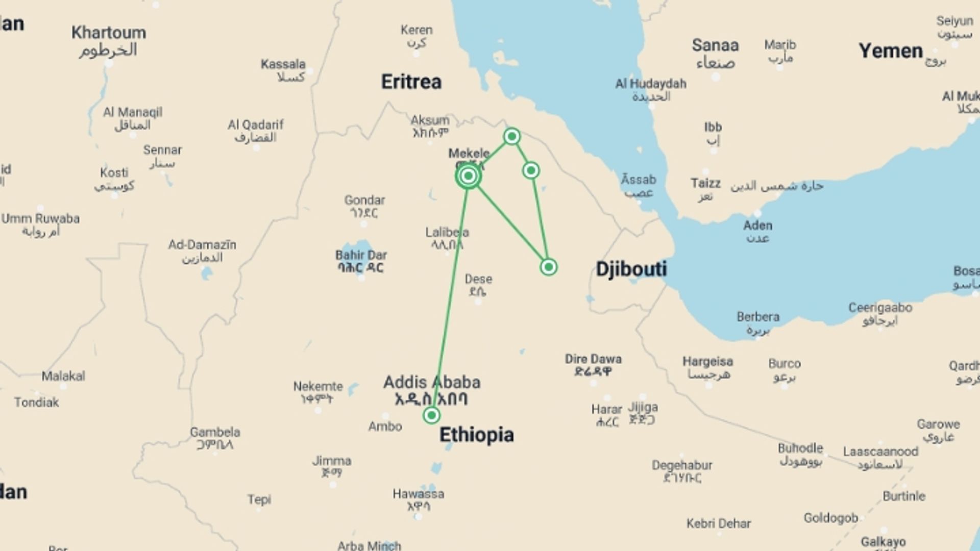 A map showing the tour itinerary for the trip: Danakil Depression Tour, starting in Mekelle, Ethiopia and ending in Mekelle, Ethiopia going through 4 other destinations.