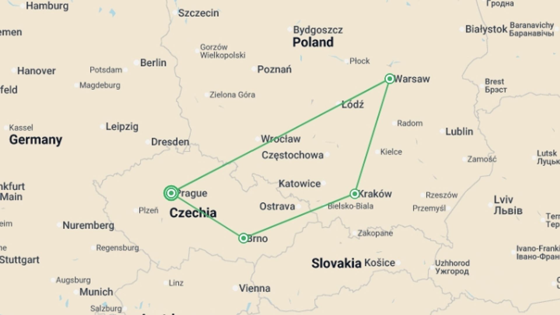 A map showing the tour itinerary for the trip: Czechia and Essential Poland, starting in Prague, Czech Republic and ending in Prague, Czech Republic going through 3 other destinations.