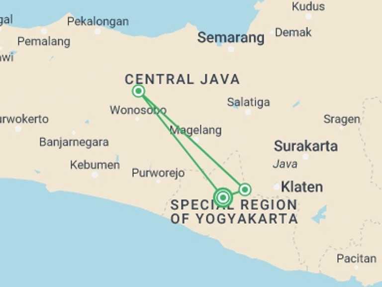 Map of Indonesia Tour with 3 destination visits for the trip: Yogyakarta Culture & Historical Tour