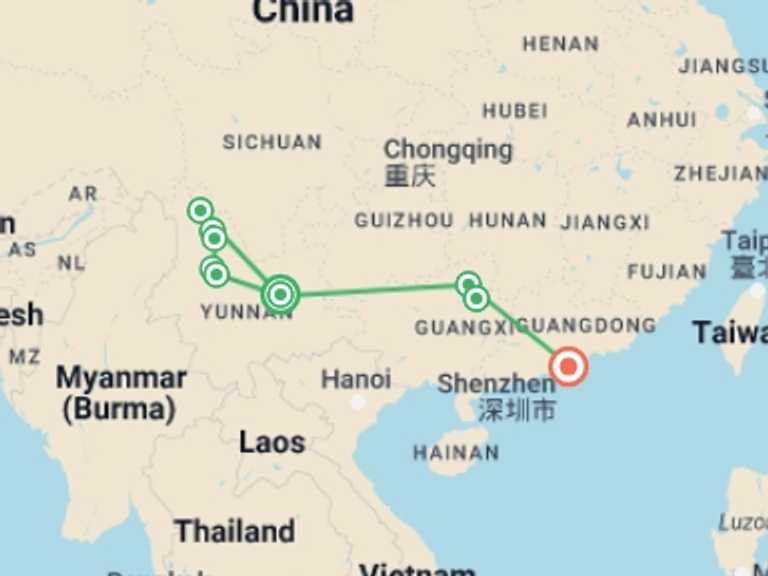 Map of a City sightseeing Tour with 7 destination visits for the trip: Essence of Southwestern China