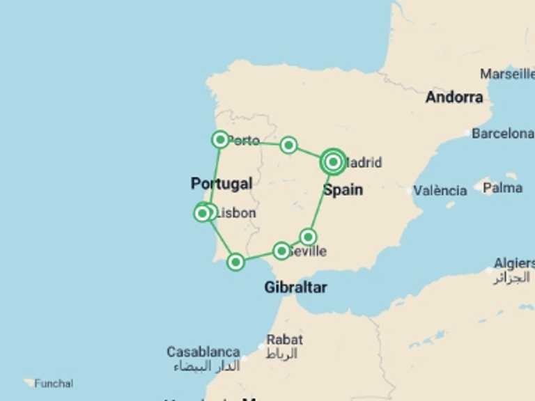 Map of Europe Tour with 7 destination visits for the trip: Spain and Portugal Highlights