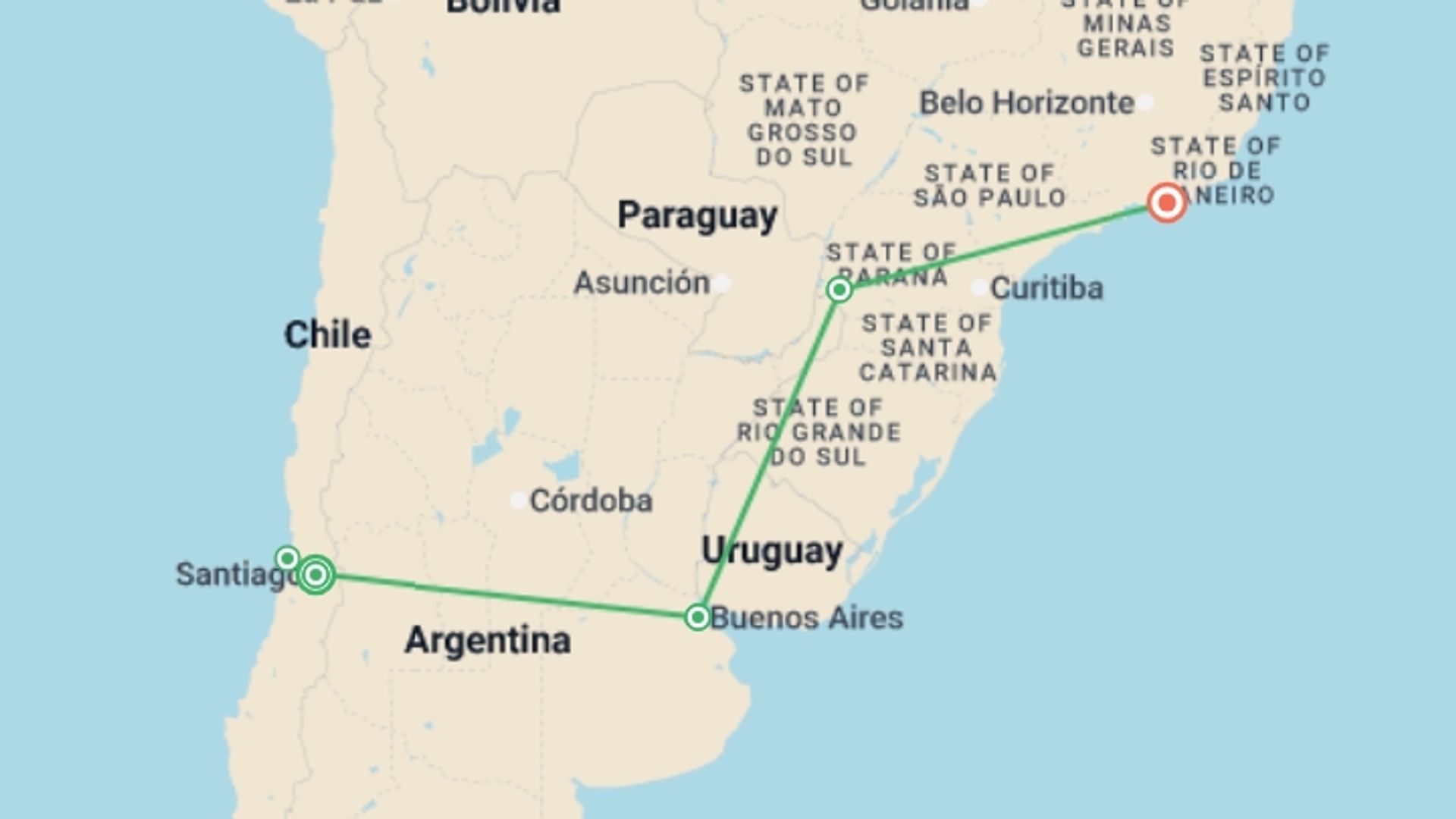 A map showing the tour itinerary for the trip: Classic South America, starting in Santiago, Chile and ending in Rio de Janeiro, Brazil going through 2 other destinations.