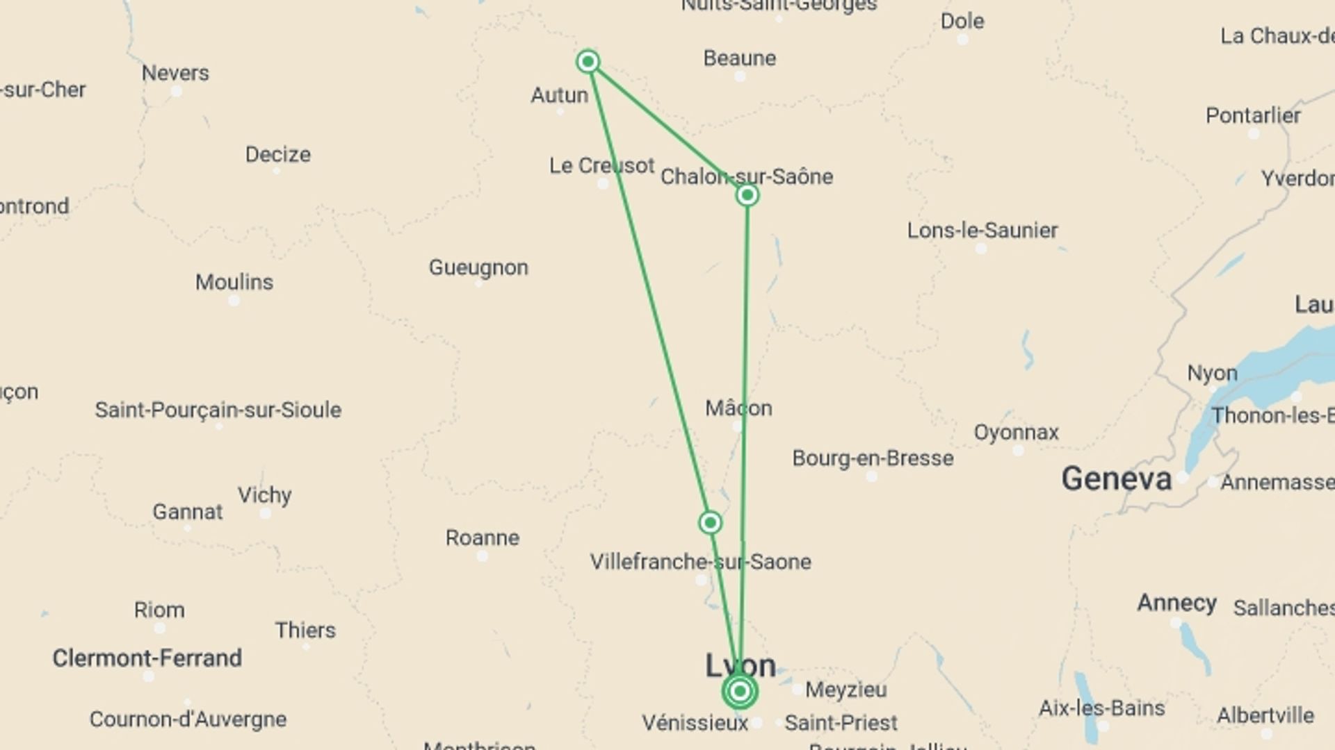 A map showing the tour itinerary for the trip: Exceptional Wine Tasting Cruise in Burgundy: Beaujolais Nouveau (port-to-port cruise), starting in Lyon, France and ending in Lyon, France going through 4 other destinations.