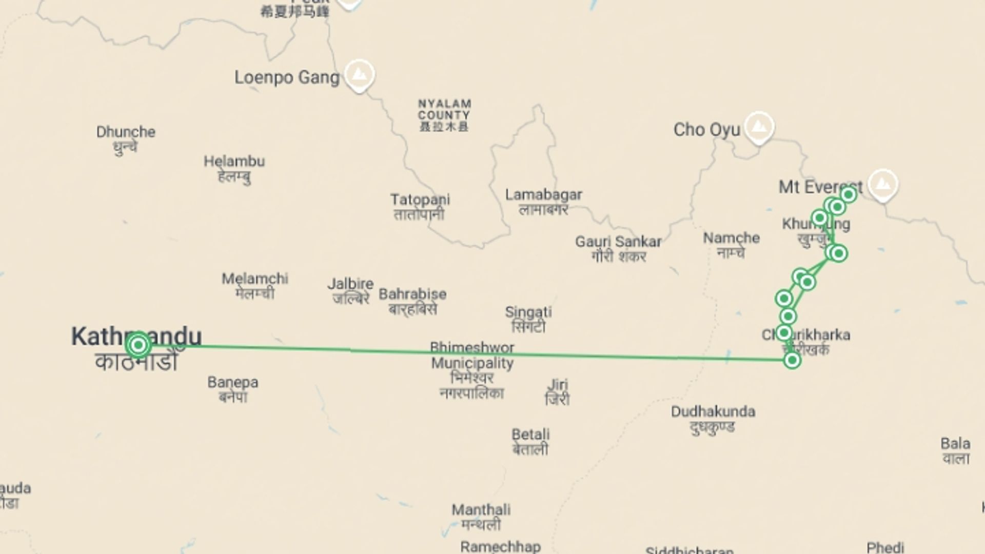 A map showing the tour itinerary for the trip: Everest Base Camp Trek, starting in Kathmandu, Nepal and ending in Kathmandu, Nepal going through 11 other destinations.