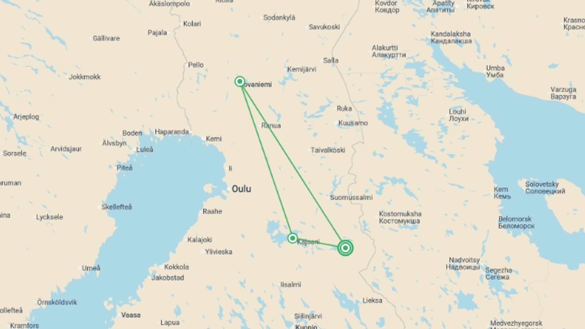 A map showing the tour itinerary for the trip: Christmas in Finland - 7 Days, starting in Kuhmo, Finland and ending in Kuhmo, Finland going through 3 other destinations.