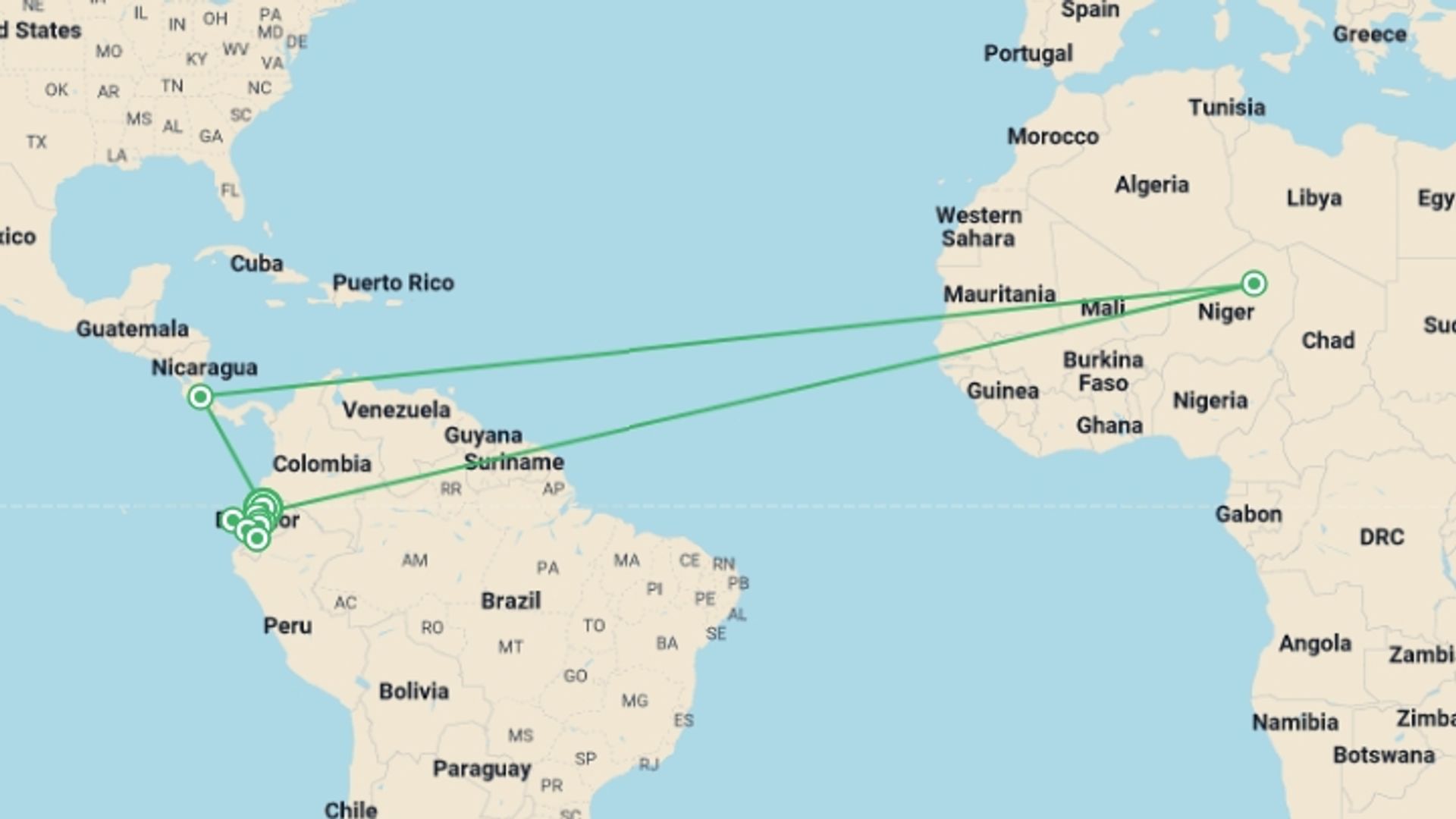 A map showing the tour itinerary for the trip: 15 Days Exploring Ecuador's Wonders, starting in Quito, Ecuador and ending in Quito, Ecuador going through 11 other destinations.