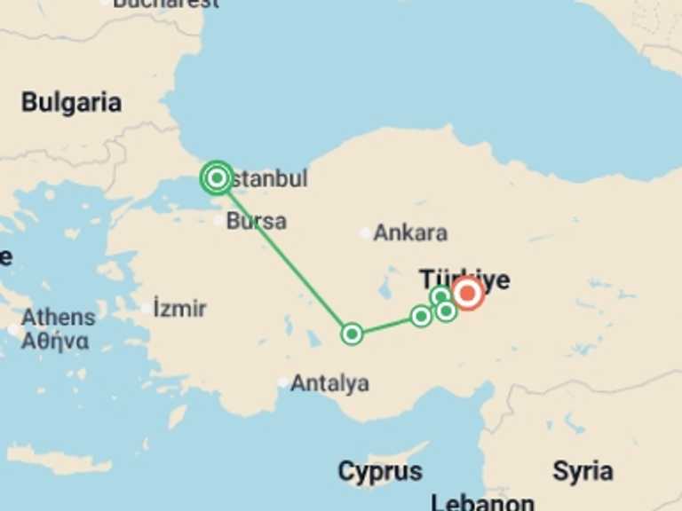 Map itinerary of Mediterranean Tour in October 2026 with 7 destination visits for the trip: A Taste of Turkey - Istanbul to Cappadocia